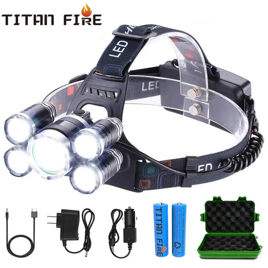 T20 LED Headlamp High Lumen 3/5 LED Light Ultra Bright Headlight USB Rechargeable 4 Modes Flashlight Waterproof  Fishing Hunting