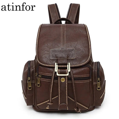 Waterproof Soft PU Leather Backpack Women Drawstring Bagpack College Student School Backpacks Vintage Female Retro Bookbag