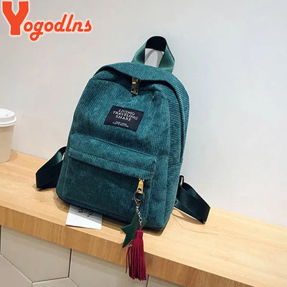 Yogodlns Women Backpacks School Shoulder Bag With Tassel Corduroy Backpack Female Notebook Bags For Girls Preppy Style Knapsack