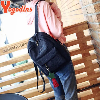 Yogodlns Women Backpacks School Shoulder Bag With Tassel Corduroy Backpack Female Notebook Bags For Girls Preppy Style Knapsack