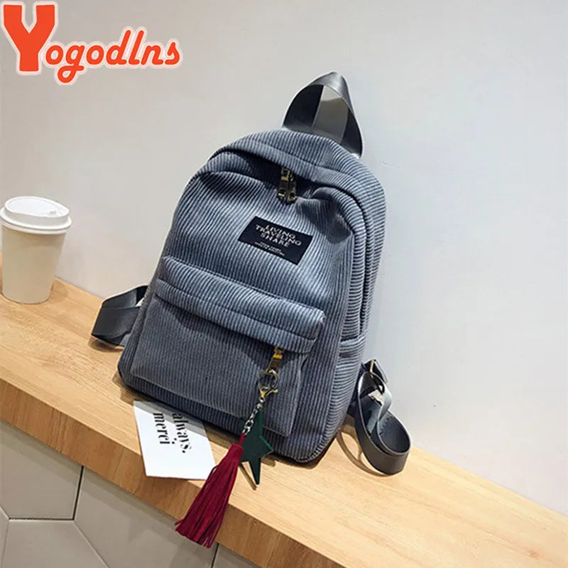 Yogodlns Women Backpacks School Shoulder Bag With Tassel Corduroy Backpack Female Notebook Bags For Girls Preppy Style Knapsack