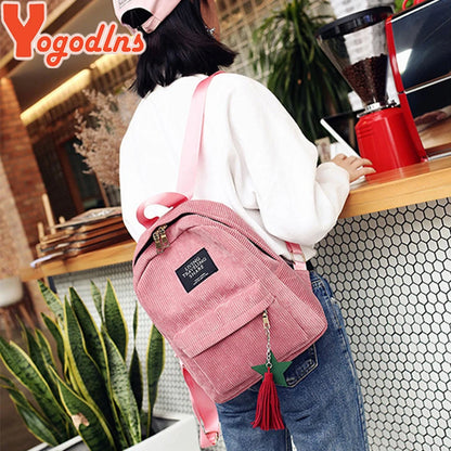 Yogodlns Women Backpacks School Shoulder Bag With Tassel Corduroy Backpack Female Notebook Bags For Girls Preppy Style Knapsack