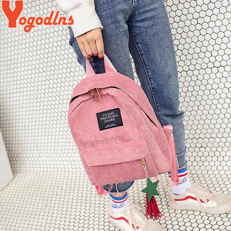 Yogodlns Women Backpacks School Shoulder Bag With Tassel Corduroy Backpack Female Notebook Bags For Girls Preppy Style Knapsack