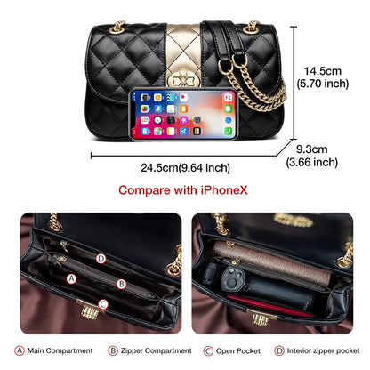 FOXER Women Crossbody Bag Diamond Lattice Handbag Lady Armpit Shoulder Bag Girl's Split Leather Chain Strap Black Messenger Bags