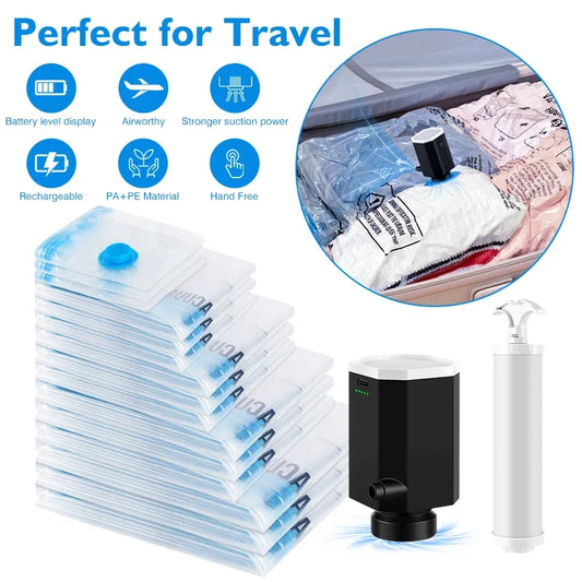 Travel Vacuum Storage Bags with Cordless Electric Pump 8-18Pc Space Saver Bag for Clothes Comforter Blanket Compressed Organizer