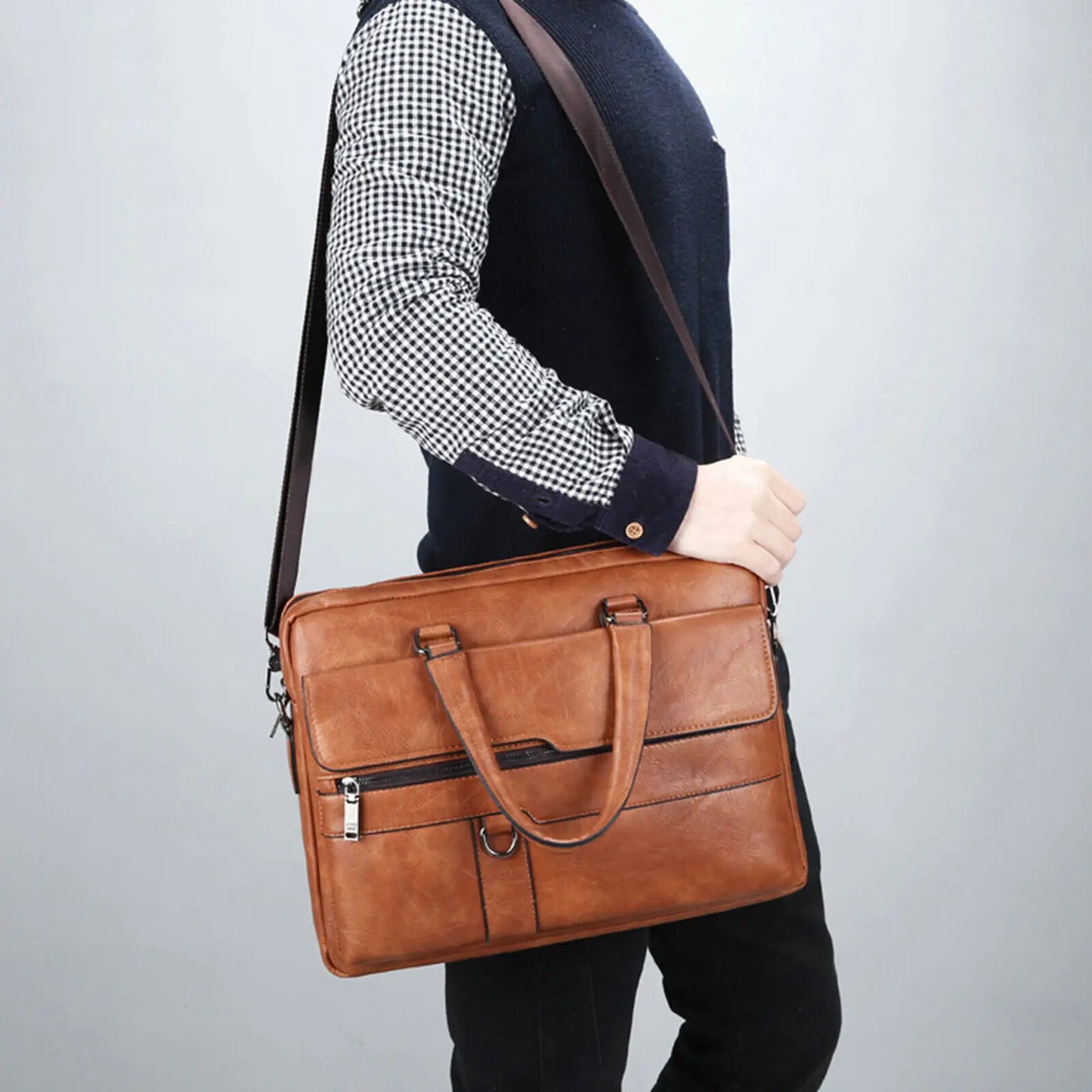 New Men Briefcase Bag Classical Retro PU Leather Luxury Brand Business Handbag Male Crossbody Shoulder Bag Laptop Computer Case