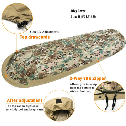 Akmax Army Military Grade Sleeping Bag, Multi Layered with Bivy Cover for All Season