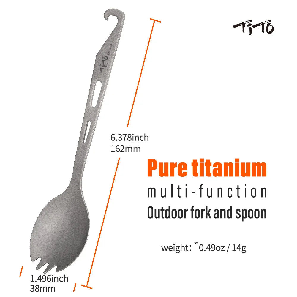 TiTo 2 In 1 Outdoor Titanium Spork Camping Tableware with Bottle Opener Hiking Picnic Titanium Spoon Fork for Travel Backpacking