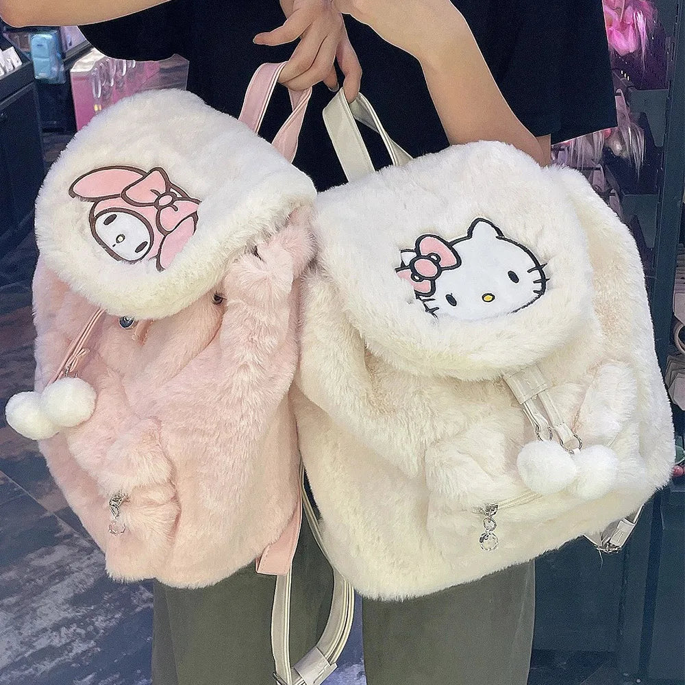 Sanrio Hellokitty Kuromi Mymelody Plush School Bag Kawaii Shoulder Bag Simple All-match Satchel Handbag Women's Fashion Backpack