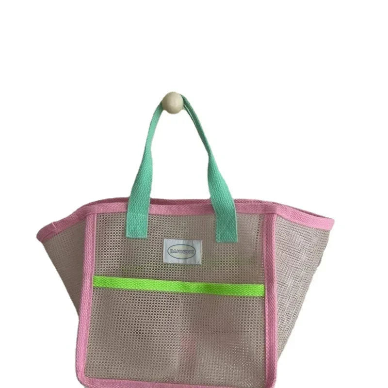 Pink Green Contrast Beach Bag Children's Toy Mesh Portable Storage Bag Outdoor Travel Swimming Toiletry Storage Bag Organizer