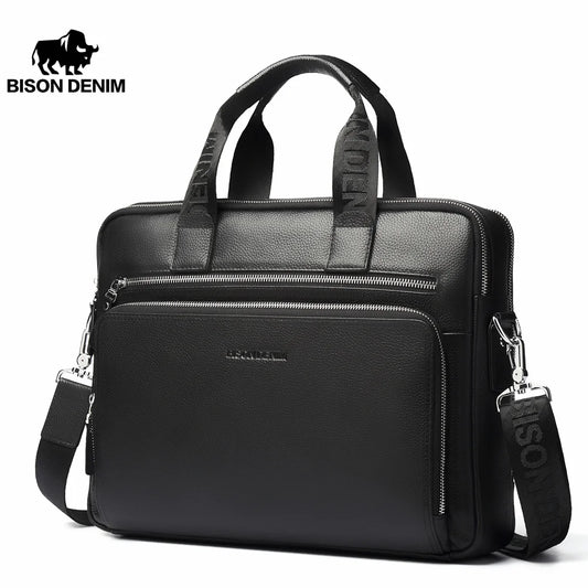 BISON DENIM Men's Genuine Leather Briefcase (14" Laptop)