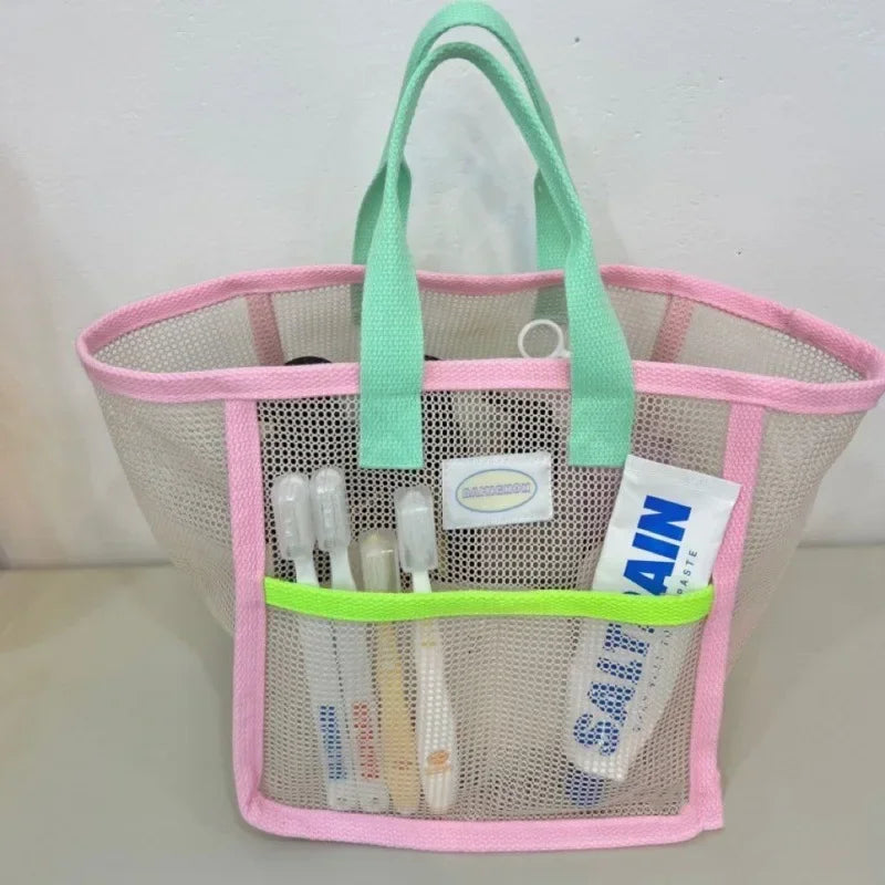 Pink Green Contrast Beach Bag Children's Toy Mesh Portable Storage Bag Outdoor Travel Swimming Toiletry Storage Bag Organizer