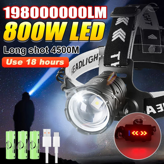 Super Bright 800W High Power Headlamp Ultra powerful led headlamp Rechargeable Head Flashlight Fishing Headlight 18650 Head Lamp