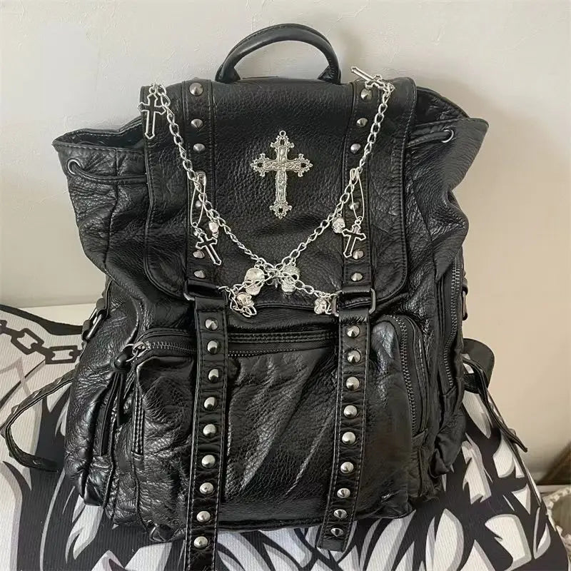 MBTI Goth Y2k Backpacks for Women Black Punk Rivet Chain School Students Bag Pu Leather Cross Skeleton Fashion Female Backpacks