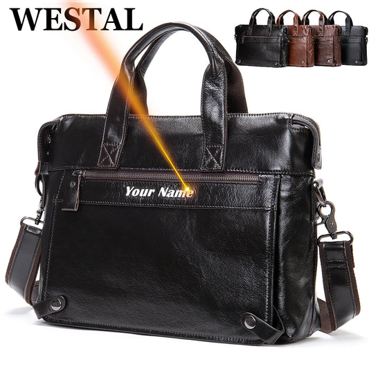 WESTAL Men's Leather Bag for Men Briefcases Genuine Leather Laptop Bag 14'' Shoulder Messenger Bags Document Computer Bags 7708