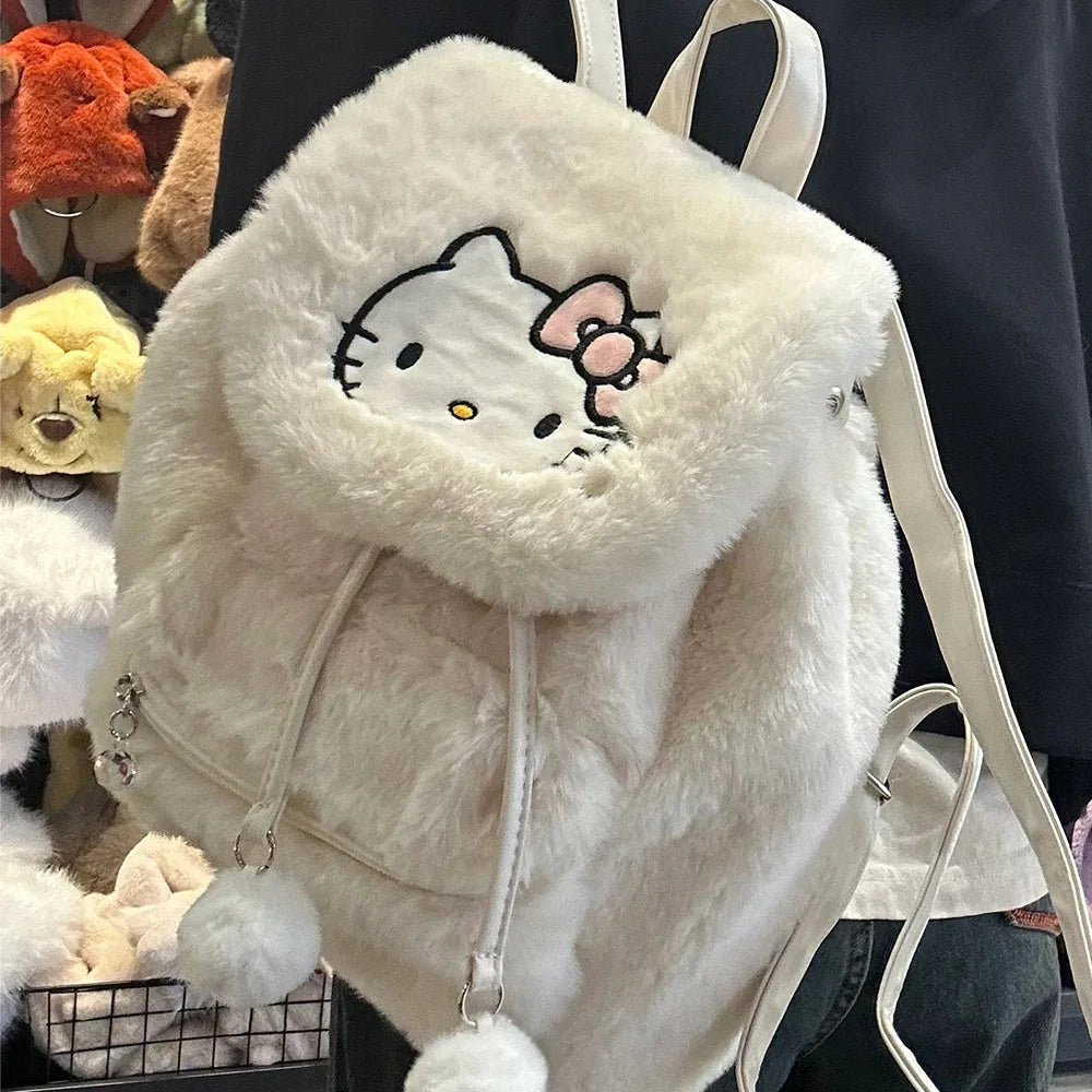 Sanrio Hellokitty Kuromi Mymelody Plush School Bag Kawaii Shoulder Bag Simple All-match Satchel Handbag Women's Fashion Backpack